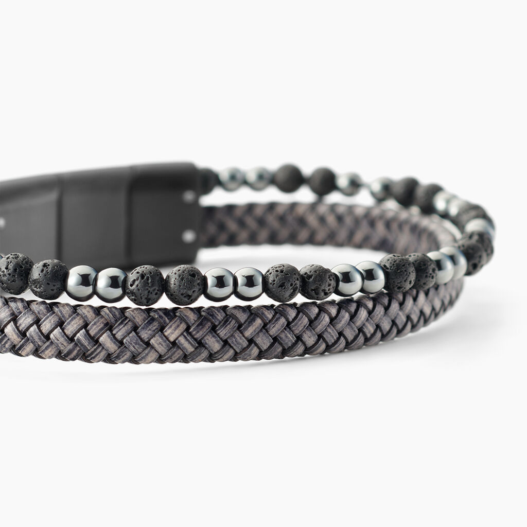 Bracelet Jourdan Cuir De Vache Gris H&eacute;matite Pierre De Lave - Bracelets Cuir Homme | Histoire d&rsquo;Or