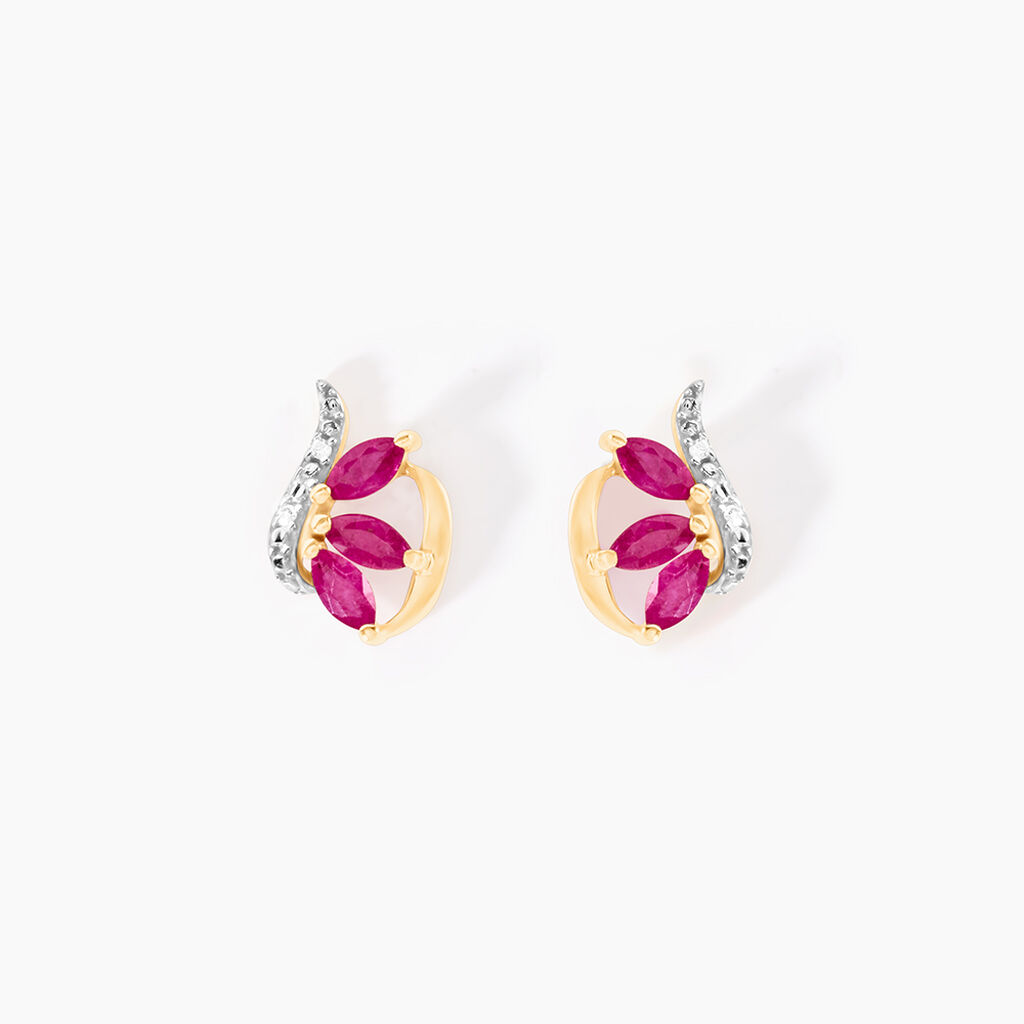 Boucles D'oreilles Puces Petale Or Bicolore Rubis Et Diamant - Clous d'oreilles Femme | Histoire d’Or