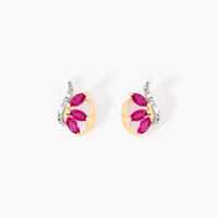 Boucles D'oreilles Puces Petale Or Bicolore Rubis Et Diamant