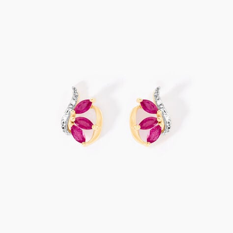 Boucles D'oreilles Puces Petale Or Bicolore Rubis Et Diamant - Clous d'oreilles Femme | Histoire d’Or