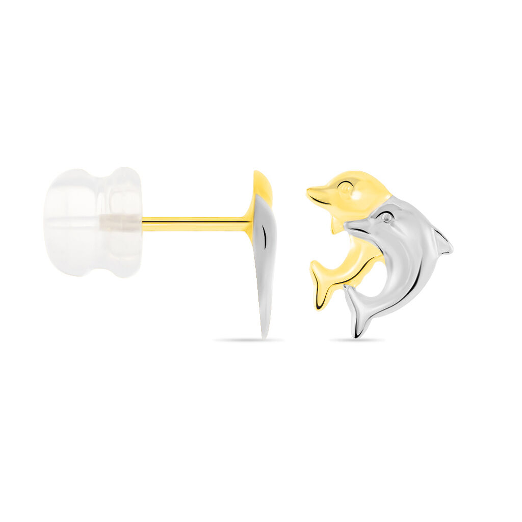 Boucles D'oreilles Puces Fulvie Double Dauphins Or Bicolore - Clous d'oreilles Femme | Histoire d’Or