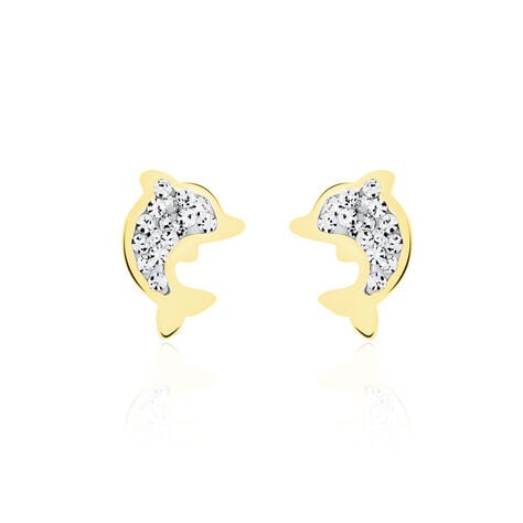 Boucles D'oreilles Puces Eleanor Dauphin 0 Or Jaune Strass - Clous d'oreilles Femme | Histoire d’Or