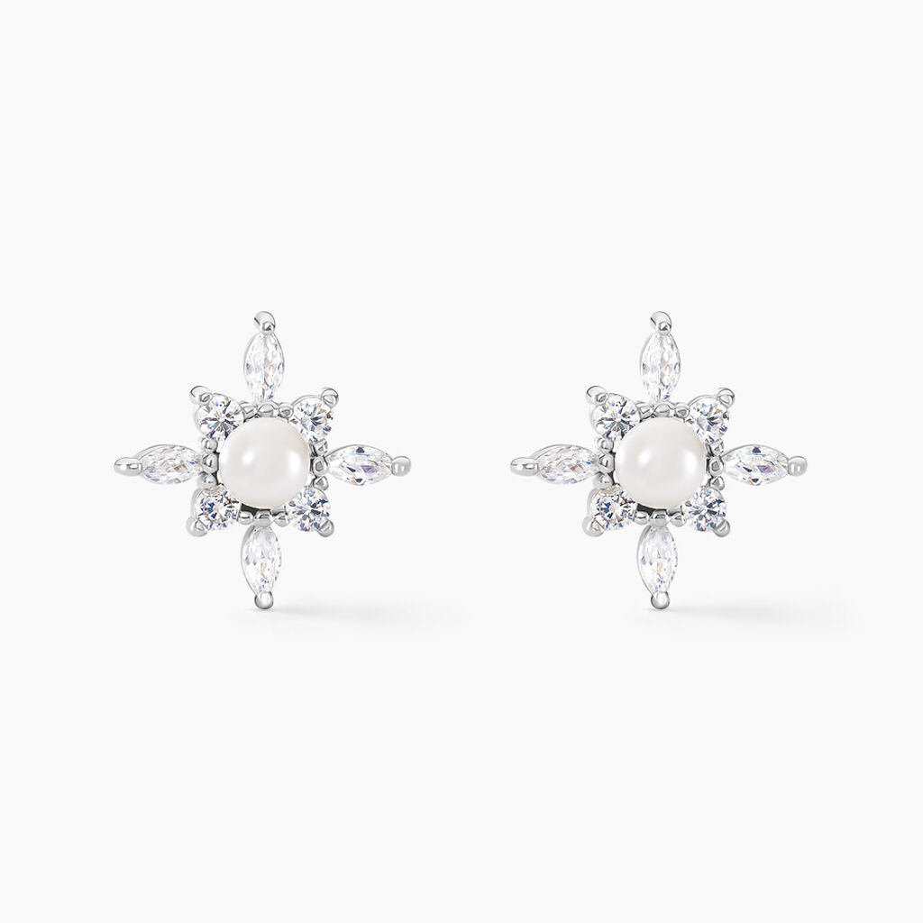 Boucles D'oreilles Puces Rhoda Argent Blanc Perle De Culture Oxyde - Boucles d'oreilles fantaisie Femme | Histoire d’Or