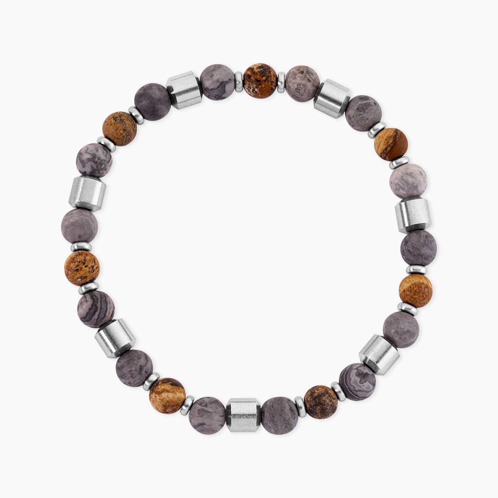 Bracelet Naturel Acier Argent&eacute; Jaspe Africain - Bracelets Lithoth&eacute;rapie Homme | Histoire d&rsquo;Or