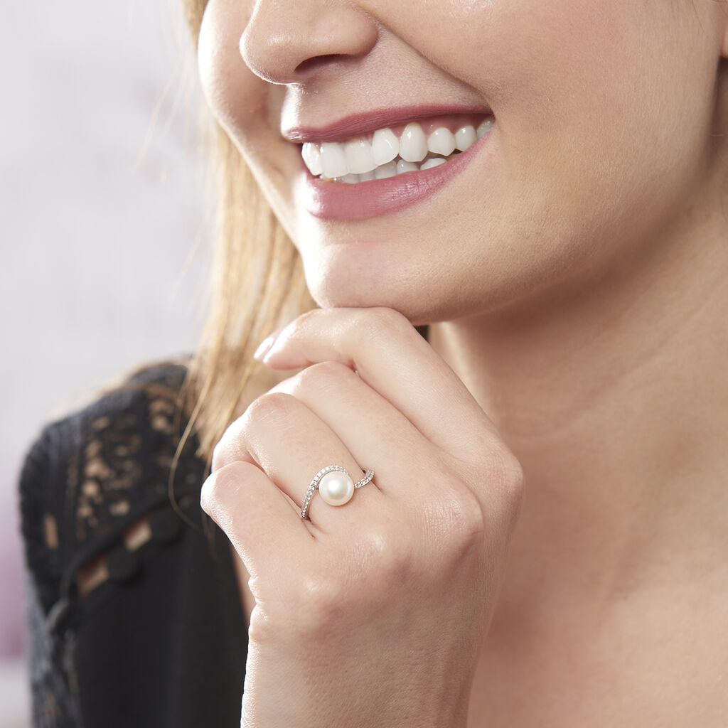 Bague Aricie Or Blanc Oxyde De Zirconium Et Perle De Culture - Bagues avec pierre Femme | Histoire d’Or