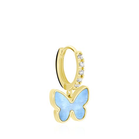 Créole Unitaire Argent Dore Butterfly Nacre Bleu Oxydes De Zirconium