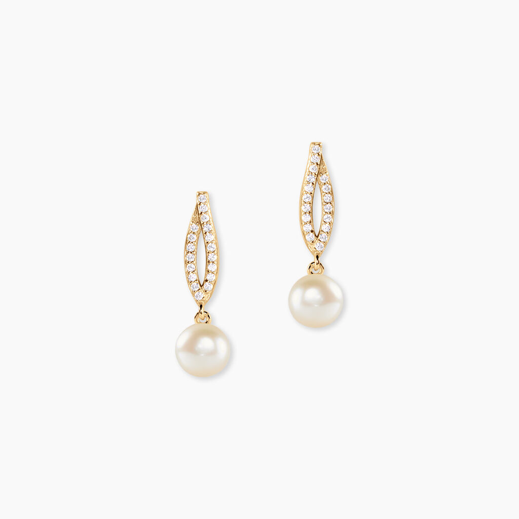 Boucles D'Oreilles Pendantes Tesnimae Argent Dor&eacute; A L'Or 750/1000 Perle De Culture Oxyde De Zirconium - Boucles d'oreilles pendantes Femme | Histoire d&rsquo;Or