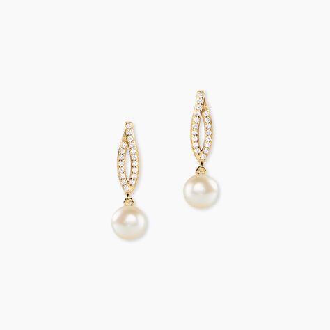 Boucles D'Oreilles Pendantes Tesnimae Argent Dor&eacute; A L'Or 750/1000 Perle De Culture Oxyde De Zirconium - Boucles d'oreilles pendantes Femme | Histoire d&rsquo;Or
