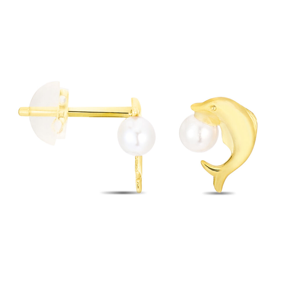 Boucles D'oreilles Puces Eleanor Dauphin Or Jaune Perle De Culture - Clous d'oreilles Femme | Histoire d’Or