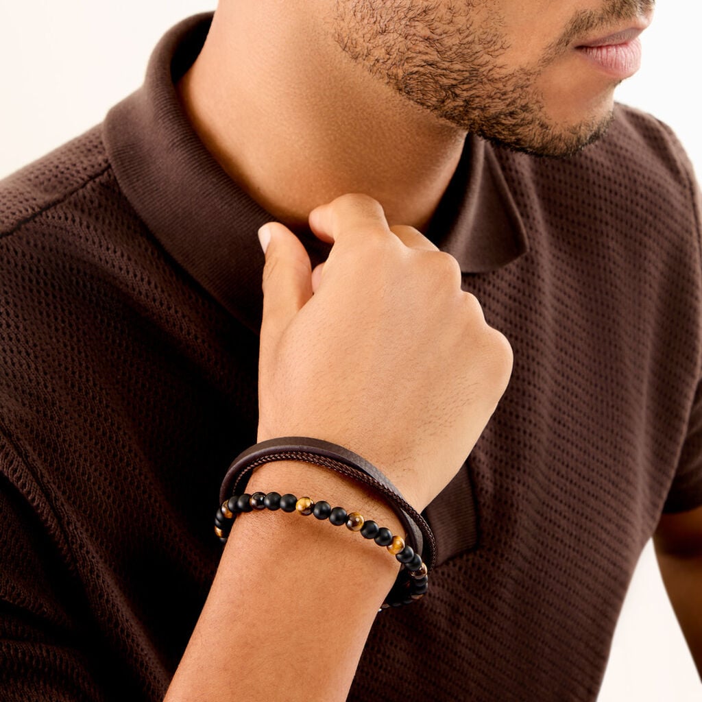 Bracelet Cuir De Vache Marron Onyx Oeil De Tigre - Bracelets Lithoth&eacute;rapie Homme | Histoire d&rsquo;Or