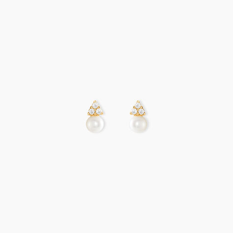 Boucles D'Oreilles Puces Edouarda Or Jaune Perle De Culture Oxyde De Zirconium - Clous d'oreilles Femme | Histoire d&rsquo;Or