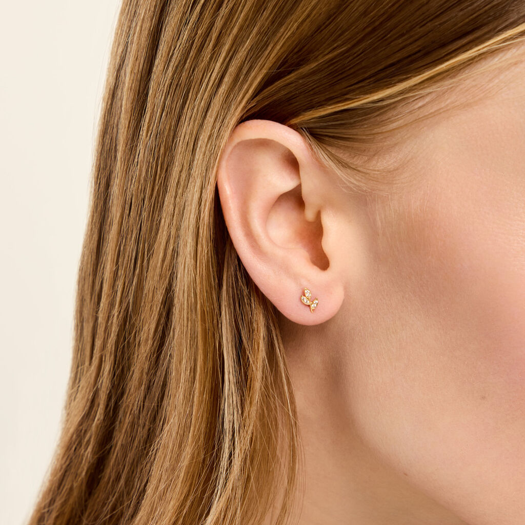 Boucles D'Oreilles Puces Edia Feuille Argent Dor&eacute; A L'Or 750/1000 Oxyde De Zirconium - Boucles d'oreilles fantaisie Enfant | Histoire d&rsquo;Or