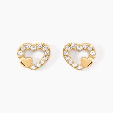 Boucles D'oreilles Puces Daria Double Coeurs Or Jaune Oxyde - Clous d'oreilles Femme | Histoire d’Or