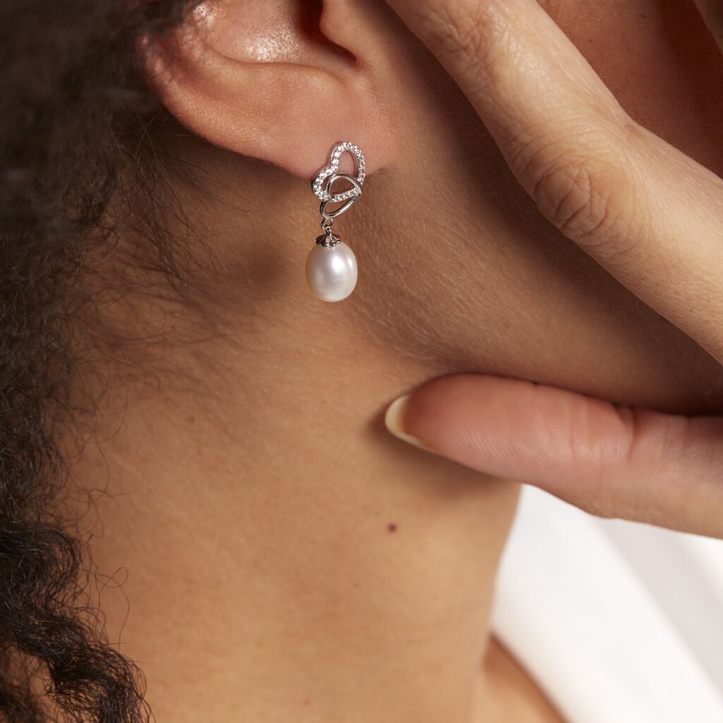 Boucles D'oreilles Pendantes Rosella Argent  Perle De Culture Et Oxyde - Boucles d'oreilles fantaisie Femme | Histoire d’Or