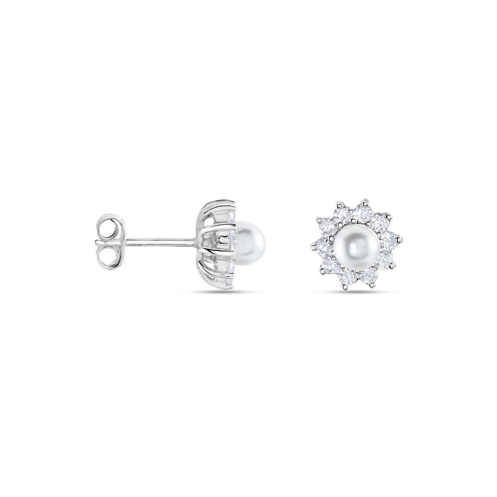 Boucles D'oreilles Puces Argent Blanc Cheri Perle De Culture Oxydes - Boucles d'oreilles fantaisie Femme | Histoire d’Or