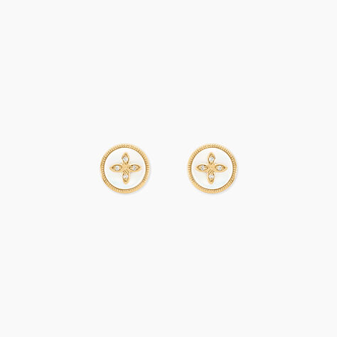 Boucles D'oreilles Puces Talisman Or Jaune Nacre Diamant - Clous d'oreilles Femme | Histoire d’Or