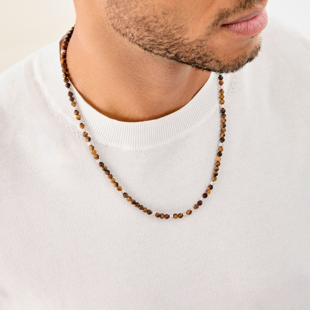 Collier Naturel Acier Argent&eacute; Oeil De Tigre - Colliers pierre Homme | Histoire d&rsquo;Or