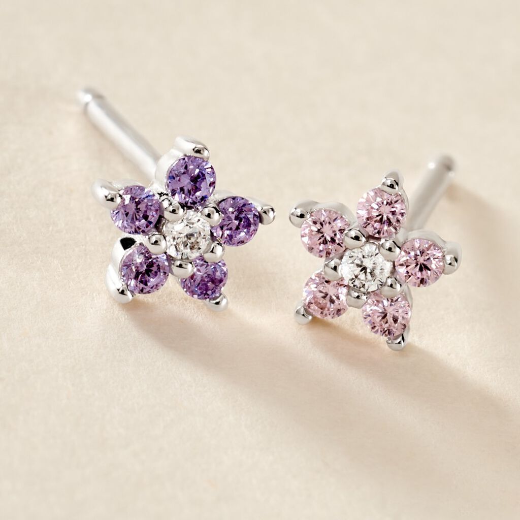 Boucles D'oreilles Puces Purple Bloom Argent Blanc Oxyde De Zirconium - Boucles d'oreilles fantaisie Femme | Histoire d’Or