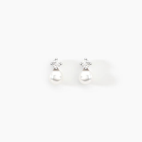 Boucles D'oreilles Puces Eolande Or Blanc Perle De Culture Et Oxyde - Clous d'oreilles Femme | Histoire d&rsquo;Or