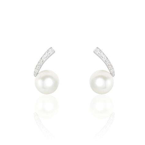 Boucles D'oreilles Puces Angel Or Blanc Perle De Culture Et Diamant - Clous d'oreilles Femme | Histoire d&rsquo;Or