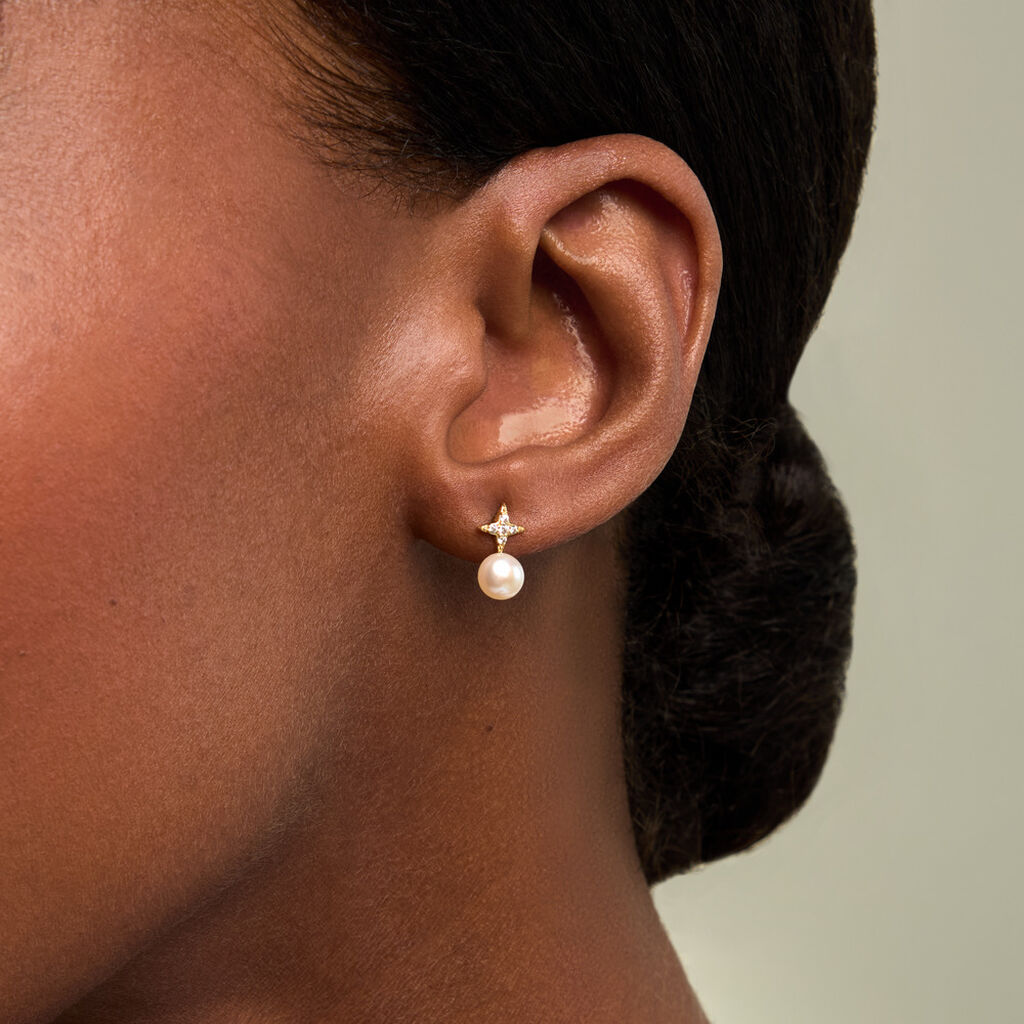 Boucles D'Oreilles Puces Kalpana Argent Dor&eacute; A L'Or 750/1000 Perle De Culture Oxyde De Zirconium - Boucles d'oreilles fantaisie Femme | Histoire d&rsquo;Or