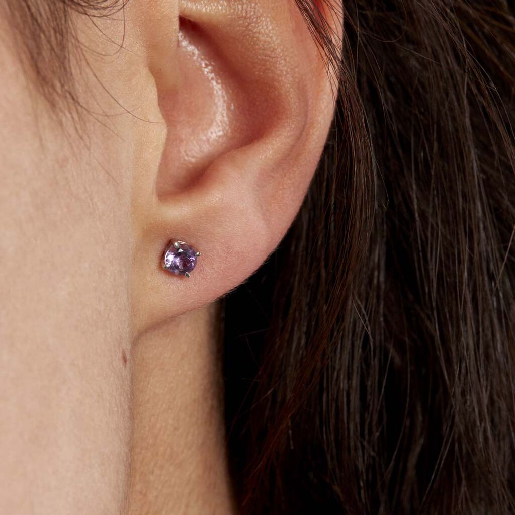 Boucles D'oreilles Puces Elea Serti Griffes 3 Or Blanc Amethyste - Clous d'oreilles Femme | Histoire d’Or