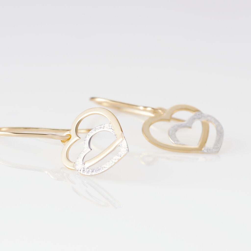 Boucles D'oreilles Pendantes Double Coeur Satines Or Bicolore - Boucles d'Oreilles Coeur Femme | Histoire d’Or