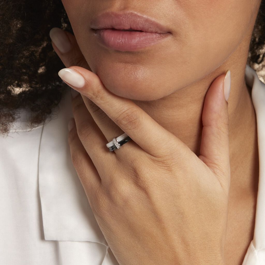 Bague Barette Bicolore Ceramique Argent Blanc Oxyde De Zirconium - Bagues avec pierre Femme | Histoire d’Or