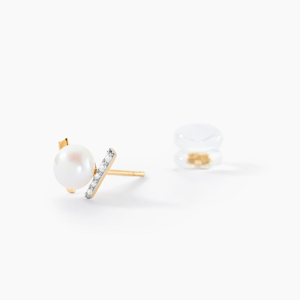 Boucles D'oreilles Puces Pearly Or Jaune Perle De Culture Oxyde - Clous d'oreilles Femme | Histoire d’Or