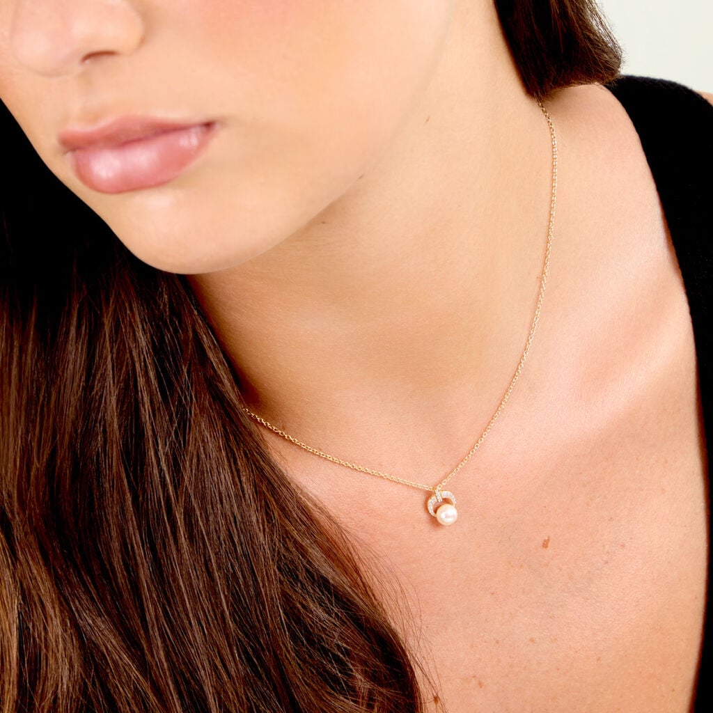 Collier Aloys Argent Dor&eacute; A L'Or 750/1000 Perle De Culture Oxyde De Zirconium - Colliers Femme | Histoire d&rsquo;Or