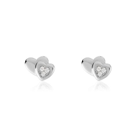 Boucles D'oreilles Puces Argent Blanc Dounyo Oxydes De Zirconium - Boucles d'Oreilles Coeur Femme | Histoire d’Or