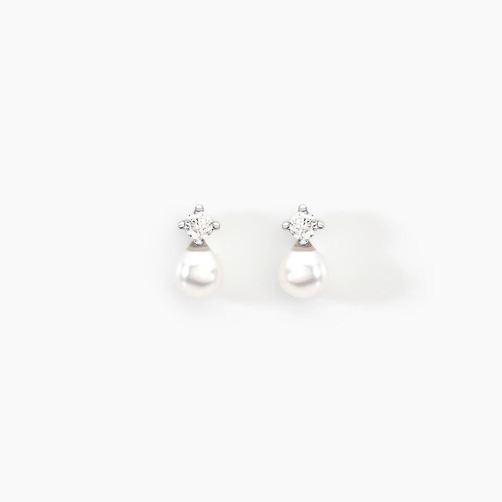 Boucles D'oreilles Puces Eolande Or Blanc Perle De Culture Et Oxyde - Clous d'oreilles Femme | Histoire d&rsquo;Or