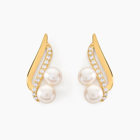 Boucles D'oreilles Puces Loeva Or Jaune Perle De Culture Et Oxyde - Clous d'oreilles Femme | Histoire d’Or