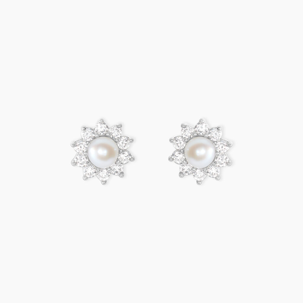 Boucles D'oreilles Puces Argent Blanc Cheri Perle De Culture Oxydes - Boucles d'oreilles fantaisie Femme | Histoire d’Or