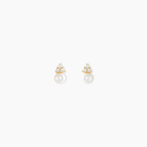 Boucles D'Oreilles Puces Edouarda Or Jaune Perle De Culture Oxyde De Zirconium - Clous d'oreilles Femme | Histoire d&rsquo;Or