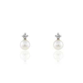 Boucles D'oreilles Puces Eolande Or Blanc Perle De Culture Et Oxyde - Clous d'oreilles Femme | Histoire d’Or