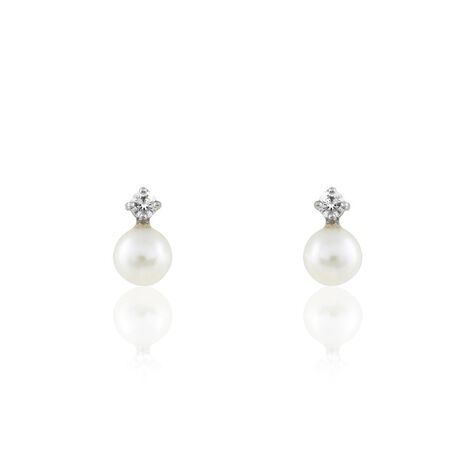 Boucles D'oreilles Puces Eolande Or Blanc Perle De Culture Et Oxyde - Clous d'oreilles Femme | Histoire d’Or