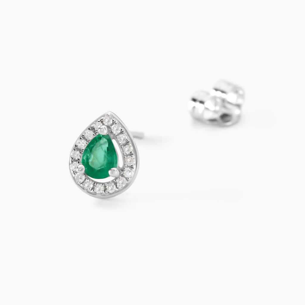 Boucles D'oreilles Puces Elheme Or Blanc Emeraude Et Diamant - Clous d'oreilles Femme | Histoire d’Or
