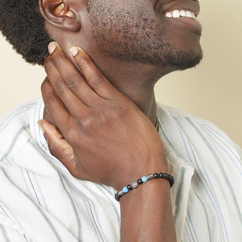 Bracelet Acier Huguesa Agate Noir Pierres Bleues - Bracelets Homme | Histoire d’Or