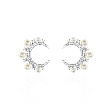 Boucles D'oreilles Puces Moon Argent Perle D'imitation Et Oxyde - Clous d'oreilles Femme | Histoire d’Or