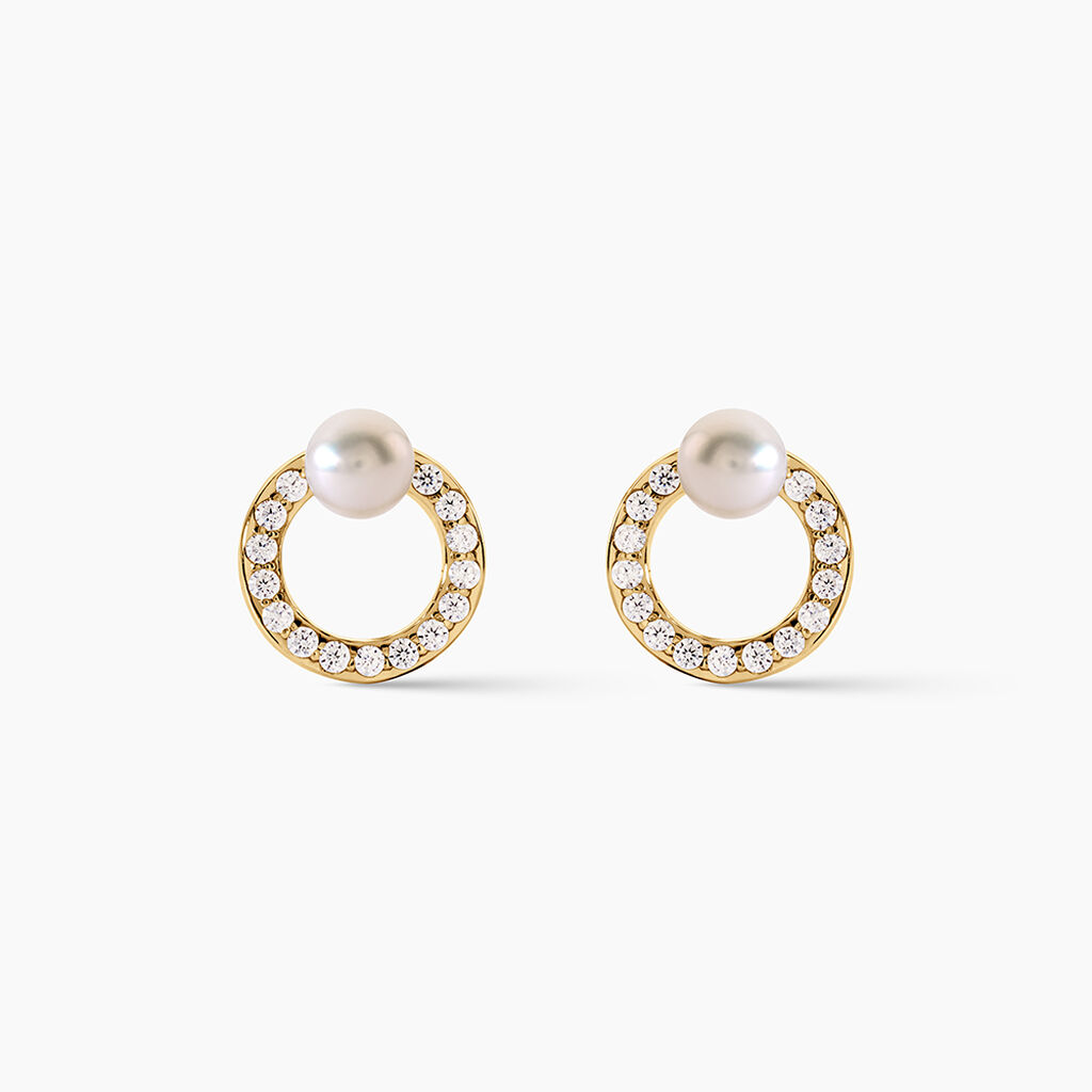 Boucles D'Oreilles Puces Piety Argent Dor&eacute; A L'Or 750/1000 Perle De Culture Oxyde De Zirconium - Clous d'oreilles Femme | Histoire d&rsquo;Or