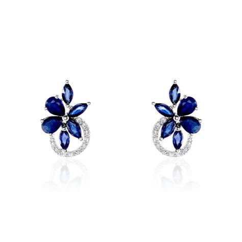 Boucles D'oreilles Puces Bouquet Or Blanc Saphir Et Diamant - Clous d'oreilles Femme | Histoire d&rsquo;Or