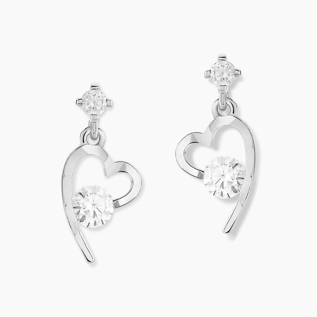 Boucles D'oreilles Puces Romance Or Blanc Oxyde De Zirconium - Boucles d'Oreilles Coeur Femme | Histoire d’Or