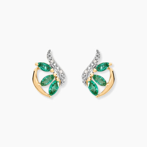 Boucles D'oreilles Puces Or Bicolore Caetlin Emeraude Diamant - Clous d'oreilles Femme | Histoire d’Or