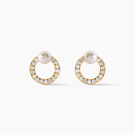 Boucles D'Oreilles Puces Piety Argent Dor&eacute; A L'Or 750/1000 Perle De Culture Oxyde De Zirconium - Clous d'oreilles Femme | Histoire d&rsquo;Or