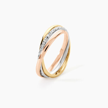 Alliance Entrelacee Diamantee Ruban Plat Or Tricolore