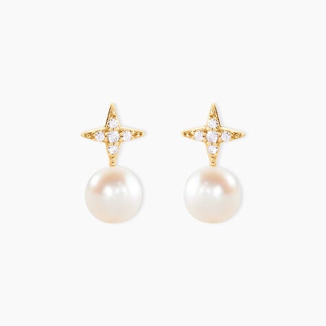 Boucles D'Oreilles Puces Kalpana Or Jaune Perle De Culture Oxyde De Zirconium -  Femme | Histoire d’Or
