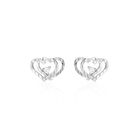 Boucles D'oreilles Puces Daria Double Coeurs Or Blanc Oxyde - Clous d'oreilles Femme | Histoire d’Or