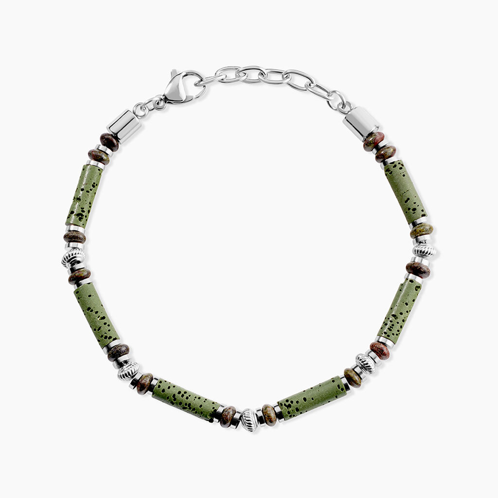 Bracelet Naturel Acier Blanc Jaspe Africain Pierre De Lave - F&ecirc;te des p&egrave;res Homme | Histoire d&rsquo;Or