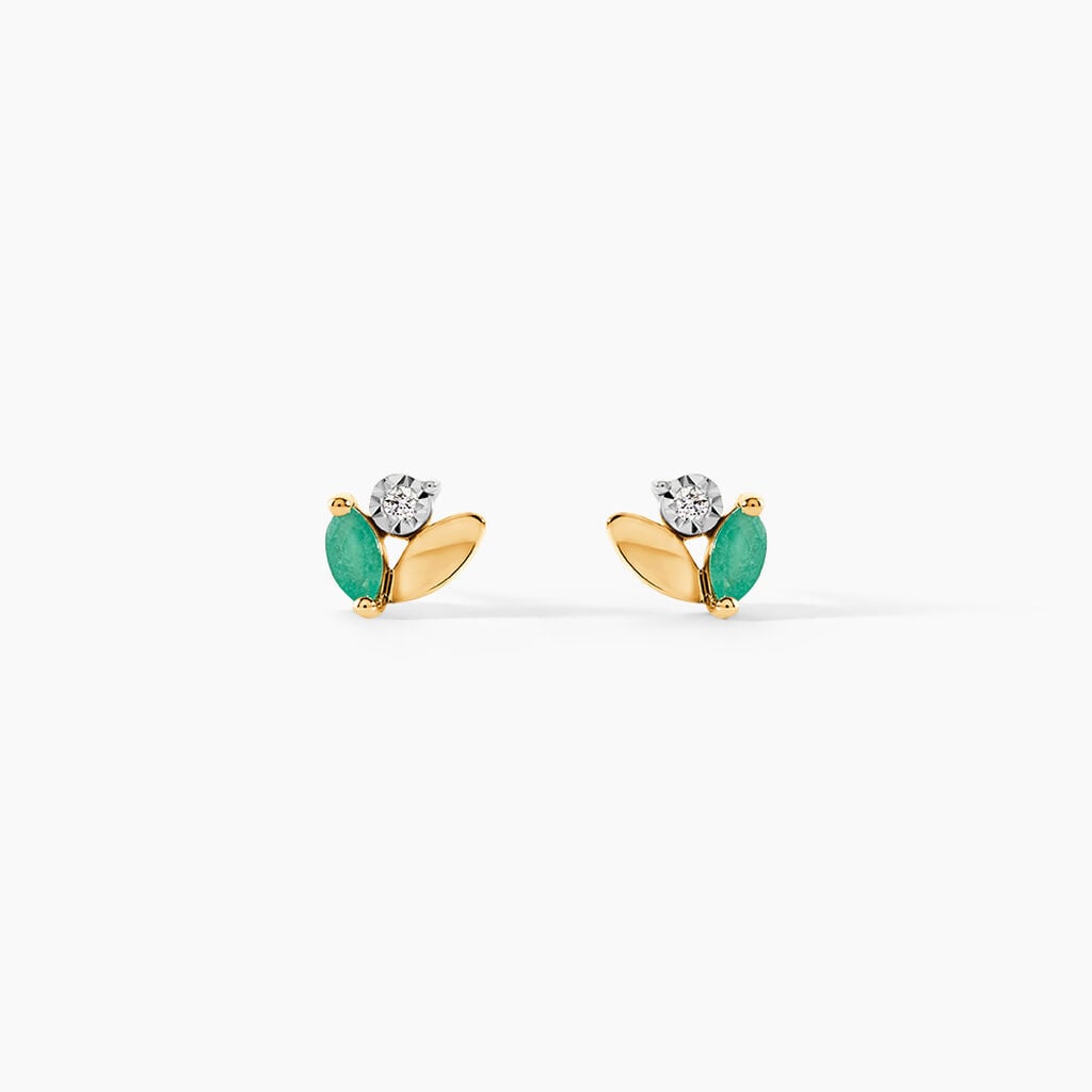 Boucles D'Oreilles Puces Precieux Petales Or Jaune Emeraude Diamant - Clous d'oreilles Femme | Histoire d&rsquo;Or